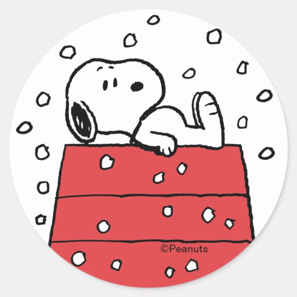Peanuts___Snoopy_Doghouse_Snowflakes_Classic_Round_Sticker_1 Peanuts Snoopy Doghouse Snowflakes Classic Round Sticker