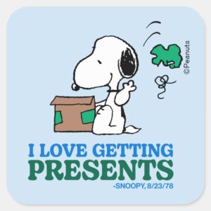 Peanuts Snoopy I Love Getting Presents Square Sticker