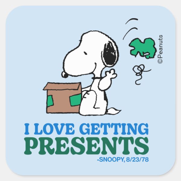 Peanuts___Snoopy_I_Love_Getting_Presents_Square_Sticker_1 Peanuts Snoopy I Love Getting Presents Square Sticker