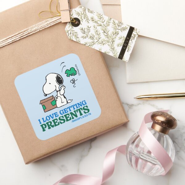 Peanuts___Snoopy_I_Love_Getting_Presents_Square_Sticker_5 Peanuts Snoopy I Love Getting Presents Square Sticker