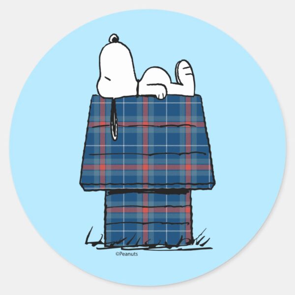 Peanuts___Snoopy_Plaid_Flannel_Holiday_Dog_House_Classic_Round_Sticker_1 Peanuts Snoopy Plaid Flannel Holiday Dog House Classic Round Sticker