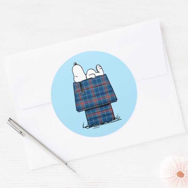Peanuts___Snoopy_Plaid_Flannel_Holiday_Dog_House_Classic_Round_Sticker_3 Peanuts Snoopy Plaid Flannel Holiday Dog House Classic Round Sticker