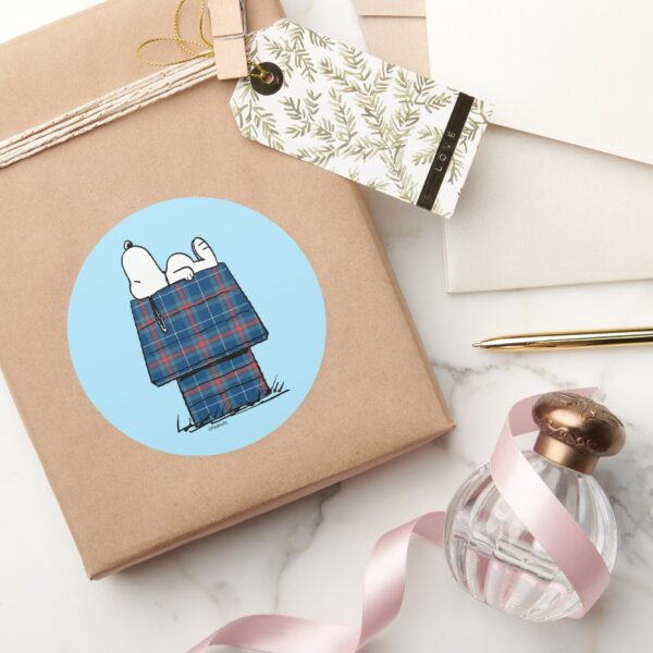Peanuts___Snoopy_Plaid_Flannel_Holiday_Dog_House_Classic_Round_Sticker_5 Peanuts Snoopy Plaid Flannel Holiday Dog House Classic Round Sticker