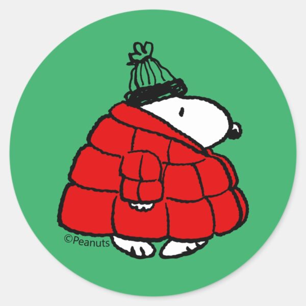 Peanuts___Snoopy_Red_Puffer_Jacket_Classic_Round_Sticker_1 Peanuts Snoopy Red Puffer Jacket Classic Round Sticker
