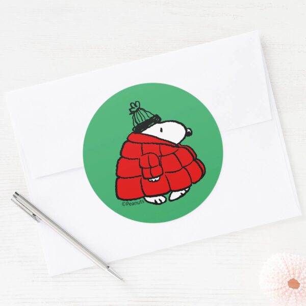 Peanuts___Snoopy_Red_Puffer_Jacket_Classic_Round_Sticker_3 Peanuts Snoopy Red Puffer Jacket Classic Round Sticker