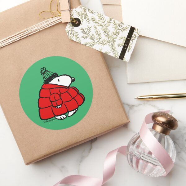 Peanuts___Snoopy_Red_Puffer_Jacket_Classic_Round_Sticker_5 Peanuts Snoopy Red Puffer Jacket Classic Round Sticker