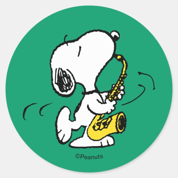 Peanuts___Snoopy_Saxophone_Player_Classic_Round_Sticker_1 Peanuts Snoopy Saxophone Player Classic Round Sticker
