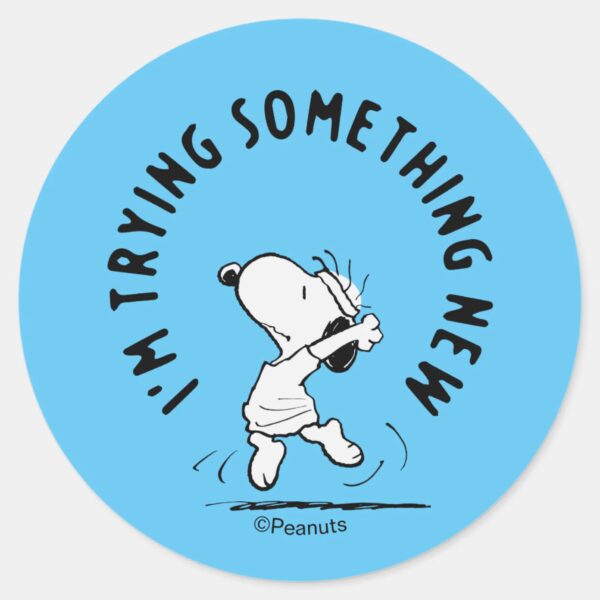Peanuts___Snoopy_Trying_Something_New_Classic_Round_Sticker_1 Peanuts Snoopy Trying Something New Classic Round Sticker