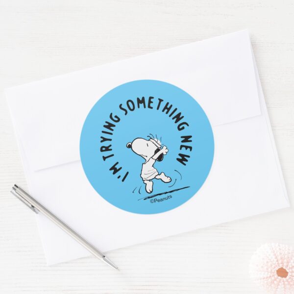 Peanuts___Snoopy_Trying_Something_New_Classic_Round_Sticker_3 Peanuts Snoopy Trying Something New Classic Round Sticker