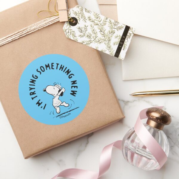 Peanuts___Snoopy_Trying_Something_New_Classic_Round_Sticker_5 Peanuts Snoopy Trying Something New Classic Round Sticker