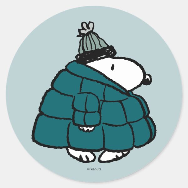Peanuts___Snoopy_Winter_Puffer_Jacket_Classic_Round_Sticker_1 Peanuts Snoopy Winter Puffer Jacket Classic Round Sticker