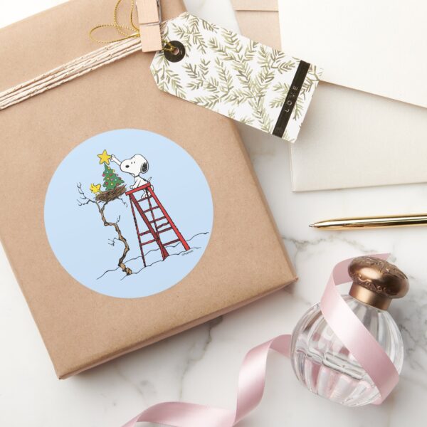 Peanuts___Snoopy_&_Woodstock_Christmas_Tree_Classic_Round_Sticker_6 Peanuts Snoopy Woodstock Christmas Tree Classic Round Sticker