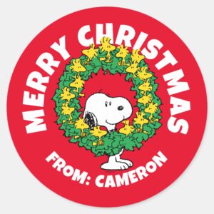 Peanuts Snoopy Woodstock Christmas Wreath Classic Round Sticker 1