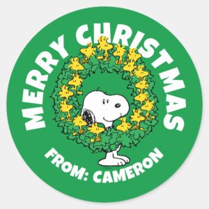 Peanuts Snoopy Woodstock Christmas Wreath Classic Round Sticker 1