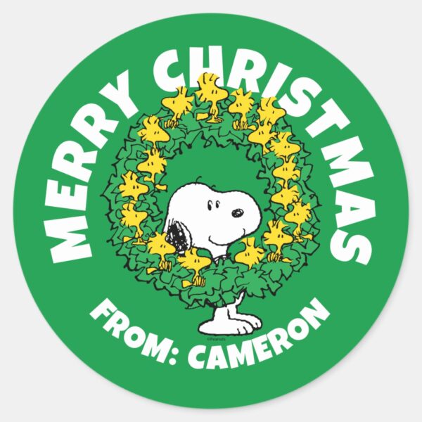Peanuts___Snoopy_&_Woodstock_Christmas_Wreath_Classic_Round_Sticker_1 Peanuts Snoopy Woodstock Christmas Wreath Classic Round Sticker 1
