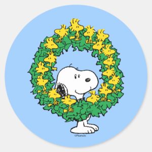 Peanuts___Snoopy_&_Woodstock_Christmas_Wreath_Classic_Round_Sticker_1 Peanuts Snoopy Woodstock Christmas Wreath Classic Round Sticker
