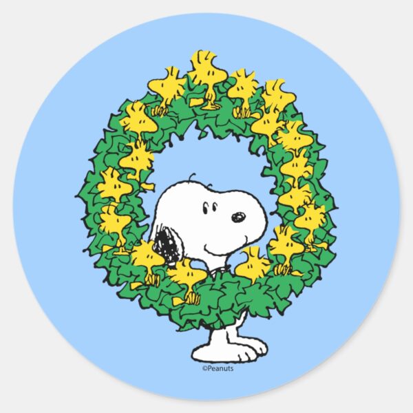 Peanuts___Snoopy_&_Woodstock_Christmas_Wreath_Classic_Round_Sticker_1 Peanuts Snoopy Woodstock Christmas Wreath Classic Round Sticker