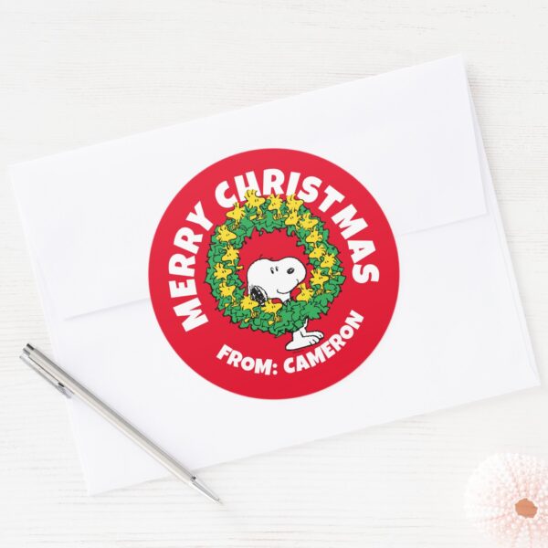 Peanuts___Snoopy_&_Woodstock_Christmas_Wreath_Classic_Round_Sticker_3 Peanuts Snoopy Woodstock Christmas Wreath Classic Round Sticker 3