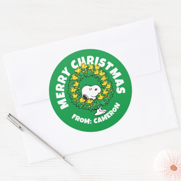 Peanuts___Snoopy_&_Woodstock_Christmas_Wreath_Classic_Round_Sticker_3 Peanuts Snoopy Woodstock Christmas Wreath Classic Round Sticker 3