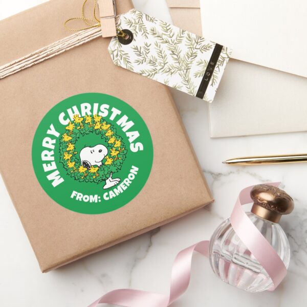 Peanuts___Snoopy_&_Woodstock_Christmas_Wreath_Classic_Round_Sticker_5 Peanuts Snoopy Woodstock Christmas Wreath Classic Round Sticker 5