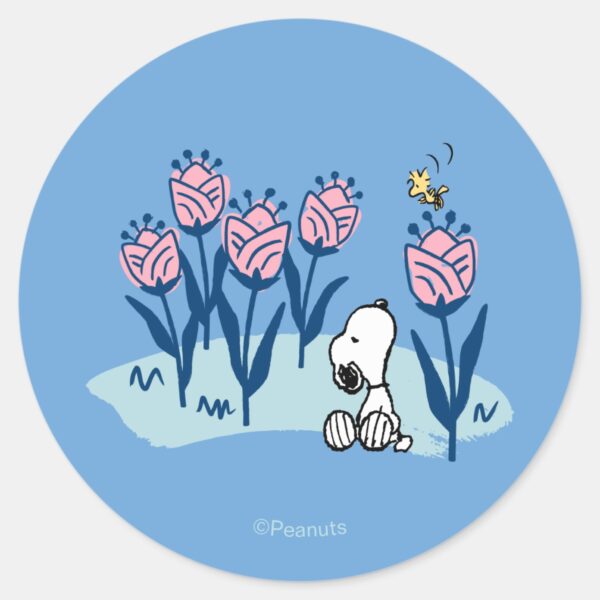 Peanuts___Snoopy_&_Woodstock_Flower_Garden_Classic_Round_Sticker_1 Peanuts Snoopy Woodstock Flower Garden Classic Round Sticker
