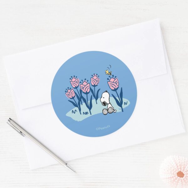 Peanuts___Snoopy_&_Woodstock_Flower_Garden_Classic_Round_Sticker_3 Peanuts Snoopy Woodstock Flower Garden Classic Round Sticker