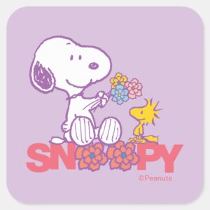 Peanuts___Snoopy_&_Woodstock_Flowers_Square_Sticker_1 Peanuts Snoopy Woodstock Flowers Square Sticker