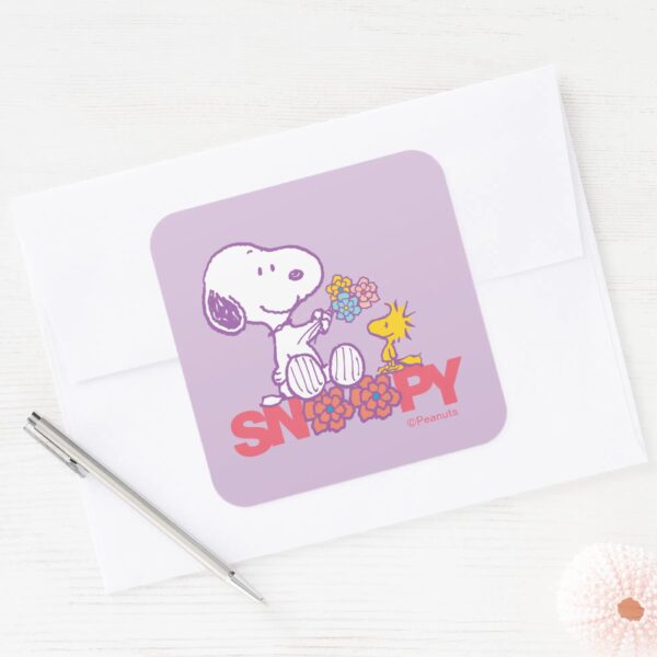 Peanuts___Snoopy_&_Woodstock_Flowers_Square_Sticker_3 Peanuts Snoopy Woodstock Flowers Square Sticker