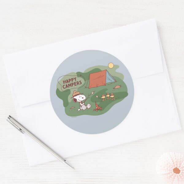 Peanuts___Snoopy_&_Woodstock_Happy_Campers_Classic_Round_Sticker_3 Peanuts Snoopy Woodstock Happy Campers Classic Round Sticker