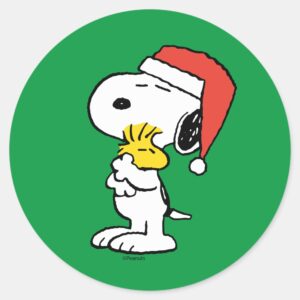 Peanuts___Snoopy_&_Woodstock_Holiday_Hugs_Classic_Round_Sticker_1 Peanuts Snoopy Woodstock Holiday Hugs Classic Round Sticker