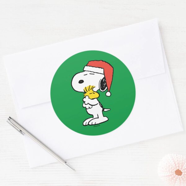 Peanuts___Snoopy_&_Woodstock_Holiday_Hugs_Classic_Round_Sticker_3 Peanuts Snoopy Woodstock Holiday Hugs Classic Round Sticker