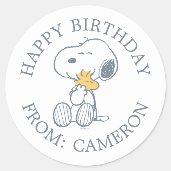 Peanuts___Snoopy_&_Woodstock_Hug___Happy_Birthday_Classic_Round_Sticker_1 Peanuts Snoopy Woodstock Hug Happy Birthday Classic Round Sticker