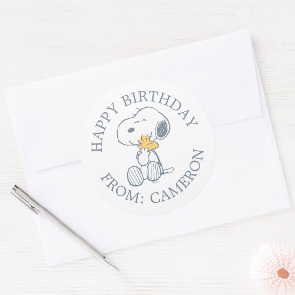 Peanuts___Snoopy_&_Woodstock_Hug___Happy_Birthday_Classic_Round_Sticker_3 Peanuts Snoopy Woodstock Hug Happy Birthday Classic Round Sticker