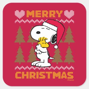 Peanuts Snoopy Woodstock Santa Claus Hug Square Sticker
