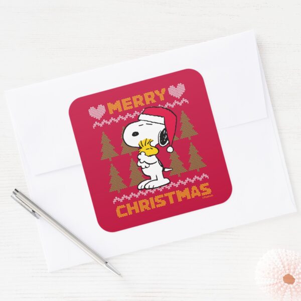 Peanuts___Snoopy_&_Woodstock_Santa_Claus_Hug_Square_Sticker_3 Peanuts Snoopy Woodstock Santa Claus Hug Square Sticker