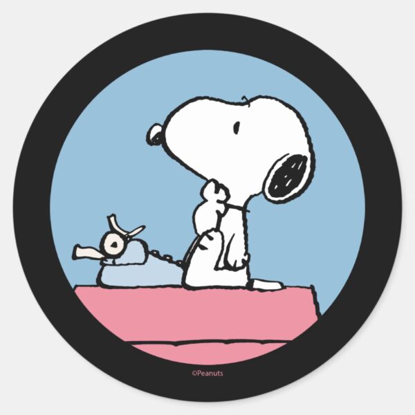 Peanuts___Snoopy_at_the_Typewriter_Classic_Round_Sticker_1 Peanuts Snoopy At The Typewriter Classic Round Sticker