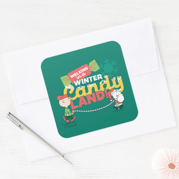 Peanuts___Walking_In_A_Winter_Candy_Land!_Square_Sticker_3 Peanuts Walking In A Winter Candy Land Square Sticker
