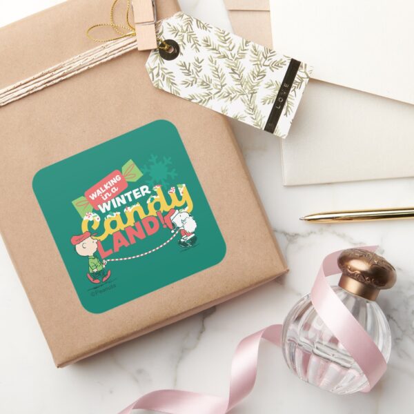 Peanuts___Walking_In_A_Winter_Candy_Land!_Square_Sticker_5 Peanuts Walking In A Winter Candy Land Square Sticker