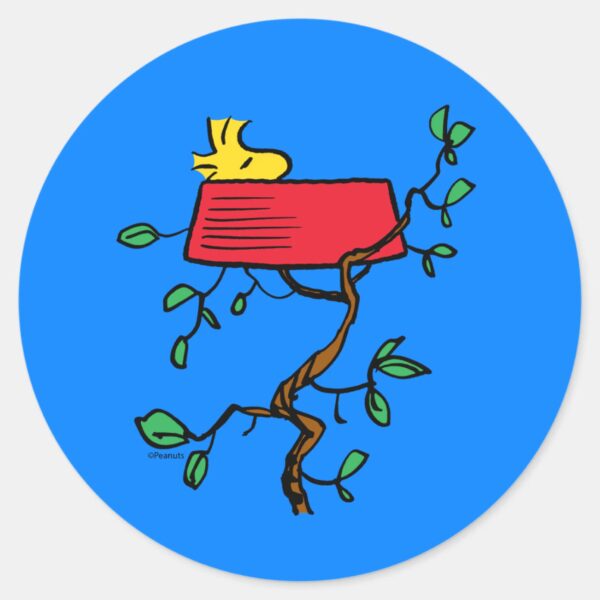 Peanuts___Woodstock_Napping_in_Snoopy's_Dish_Classic_Round_Sticker_1 Peanuts Woodstock Napping In Snoopys Dish Classic Round Sticker