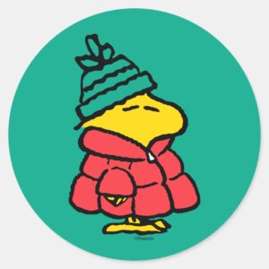 Peanuts Woodstock Puffy Winter Jacket Classic Round Sticker