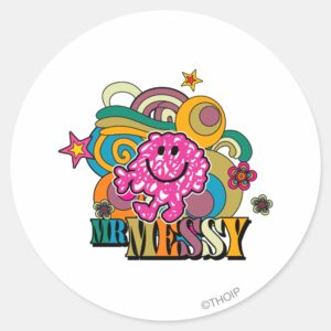 Pink Mr. Messy Colorful Swirls Stars Classic Round Sticker
