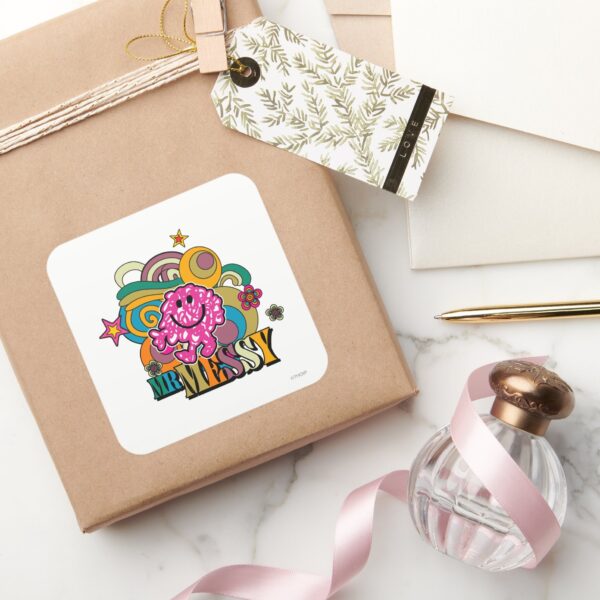 Pink Mr. Messy Colorful Swirls Stars Square Sticker
