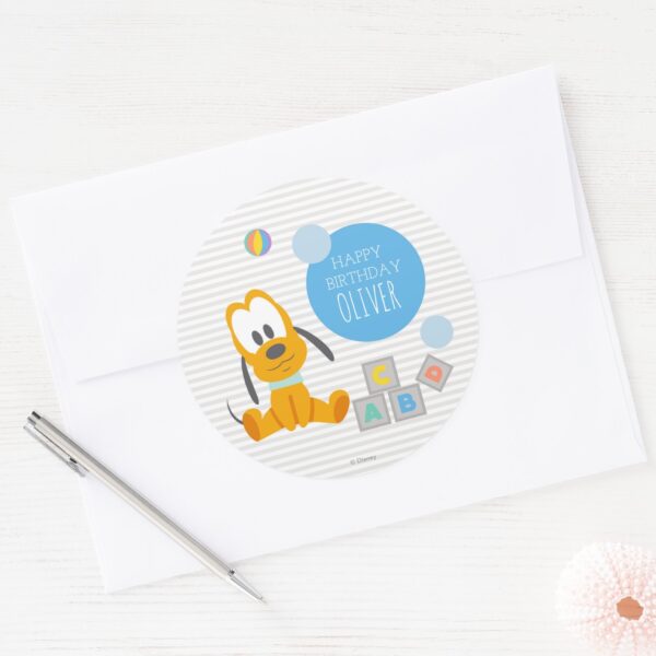 Pluto___First_Birthday_Classic_Round_Sticker_3 Pluto First Birthday Classic Round Sticker