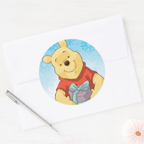 Pooh_With_Gift_Classic_Round_Sticker_3 Pooh With Gift Classic Round Sticker