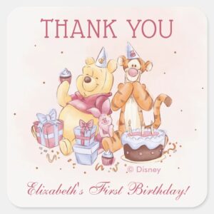 Pooh Friends Watercolor Birthday Thank You Square Sticker