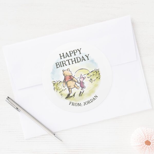 Pooh_&_Friends_Watercolor___Happy_Birthday_Classic_Round_Sticker_3 Pooh Friends Watercolor Happy Birthday Classic Round Sticker