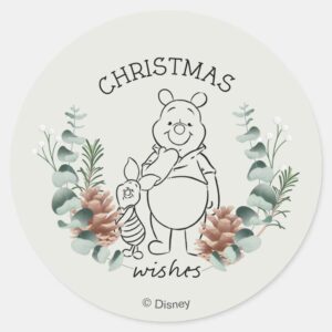 Pooh_&_Piglet___Christmas_Wishes_Wreath_Classic_Round_Sticker_1 Pooh Piglet Christmas Wishes Wreath Classic Round Sticker