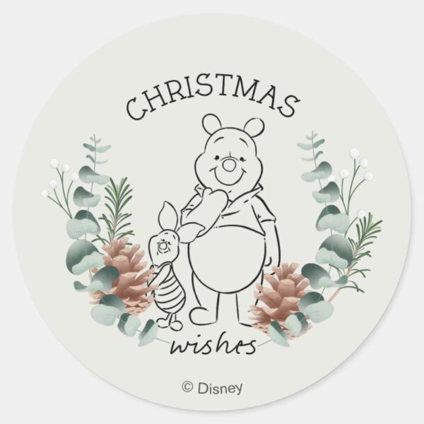 Pooh_&_Piglet___Christmas_Wishes_Wreath_Classic_Round_Sticker_1 Pooh Piglet Christmas Wishes Wreath Classic Round Sticker