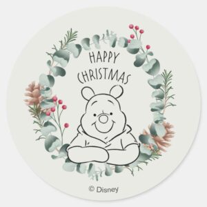 Pooh Happy Christmas Wreath Classic Round Sticker