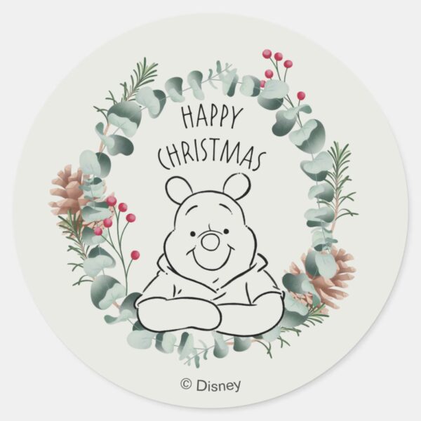 Pooh___Happy_Christmas_Wreath_Classic_Round_Sticker_1 Pooh Happy Christmas Wreath Classic Round Sticker